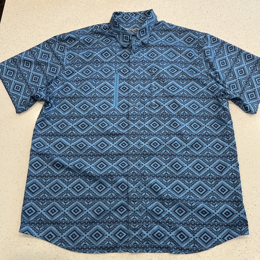 Ariat Tek VentTek Shirt Mens XL Blue Aztec Print Button Up Short Sleeve